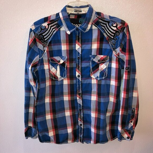 Roar Signature Mens Size XL Blue Plaid Ace Long Roll Tab Sleeve Button Up Shirt - Picture 4 of 13